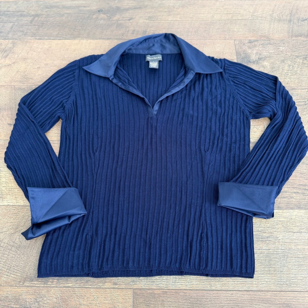 Banana Republic Navy Blue 100%‎ Silk Ribbed Knit V-Neck Top Woven Trim Large
